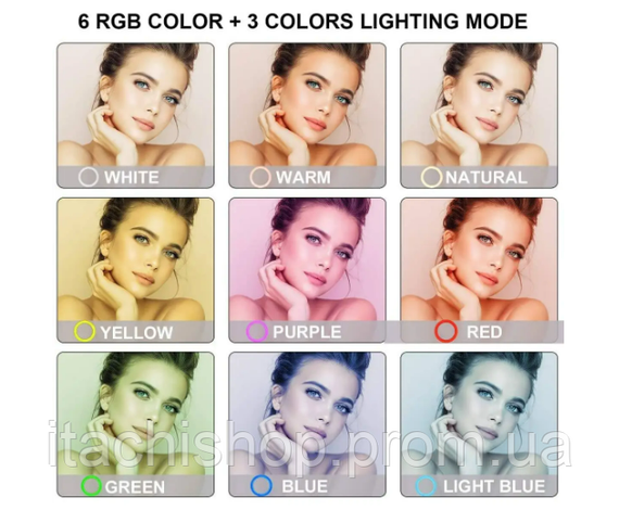 Кольцевая светодиодная RGB лампа YQ 26 cm держателем для телефона и креплением под штатив | Зображення 9