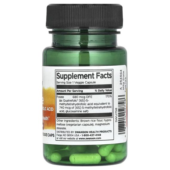 Фолат Swanson Folate [6S]-5-Methyltetrahydrofolic Acid 740 mcg (Quatrefolic® 680 mcg DFE), 30 капсул | Зображення 1
