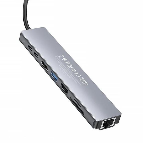 Перехідник HUB Hoco DUP09 (Type-C to HDMI+USB 3.0+USB 2.0+2xType-C+SD/TF) Silver | Зображення 2