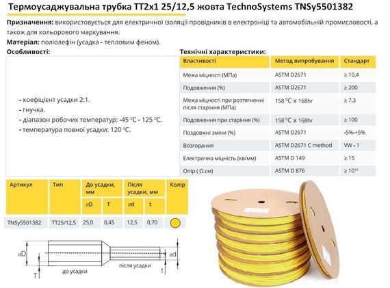 Термоусадочная трубка ТТ2х1 25/12.5 желтая в рулонах 50м Ny95501382 | Зображення 1