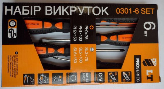 Набір викруток CrV PROSERIES 6 шт. SL3 75 мм/SL5 100 мм/SL6 150 мм/РН0 75 мм/РН1 100 мм/РН2 150 мм (22871459)