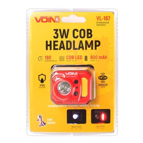 Ліхтар налобний VOIN VL-167, 3W-COB (W/R)+3W XPE/АКБ800mAh/рег. нахилу/сенсор | Зображення 3