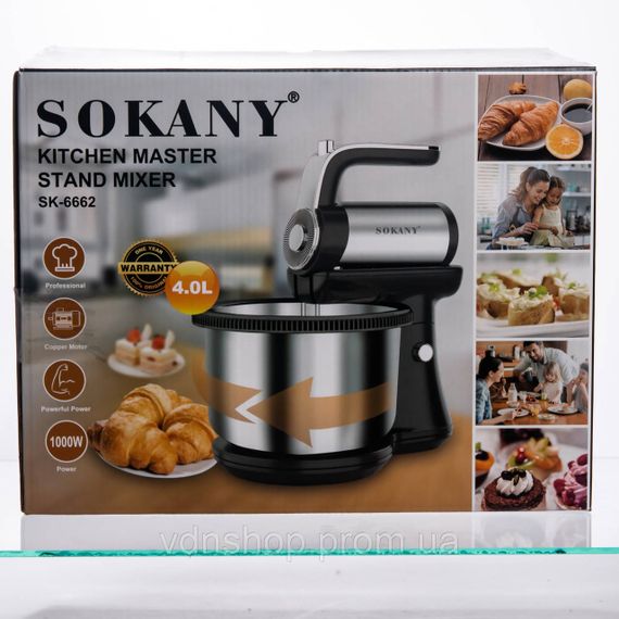 Стаціонарний міксер Sokany з чашею 4 л, 1000 Вт, 5 швидкостей, 2 насадки, віночки та гаки SK-6662 | Зображення 9