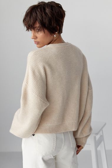 В'язана жіноча укорочена кофта - бежевий цвет, ONE SIZE (є розміри) | Зображення 1