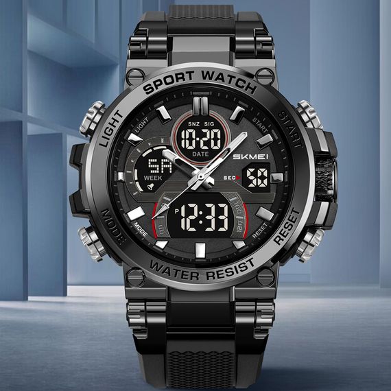 Чоловічий спортивний годинник Skmei 2500BK Black з комбінованим циферблатом та водозахистом 5 ATM | Зображення 1