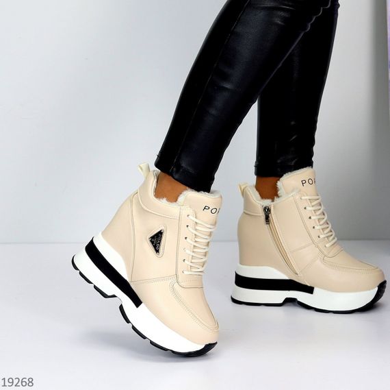 Молодіжні бежеві зимові снікерси на платформі танкетці | Зображення 1