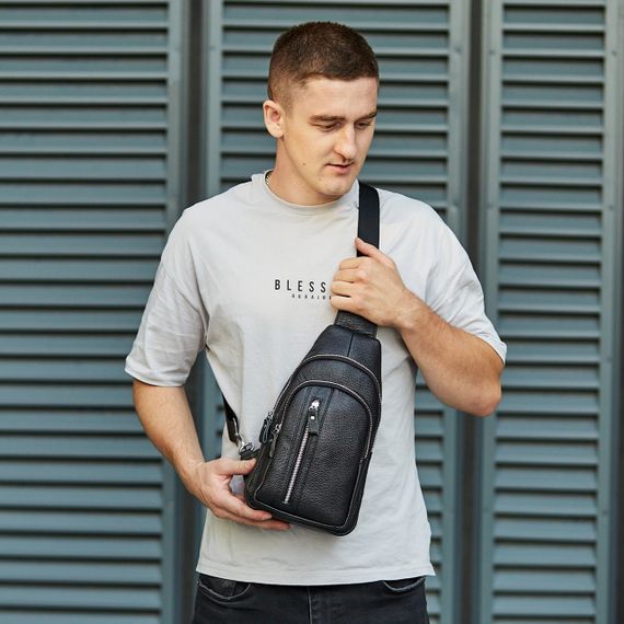 Сумка-слінг чоловіча шкіряна на одне плече чорна 74521 | Зображення 2