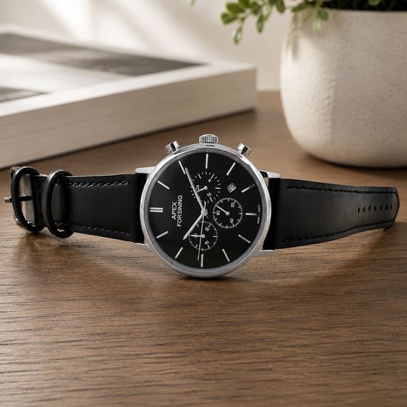 Чоловічий годинник Forsining 8312 Black-Silver з хронографом та шкіряним ремінцем | Зображення 1