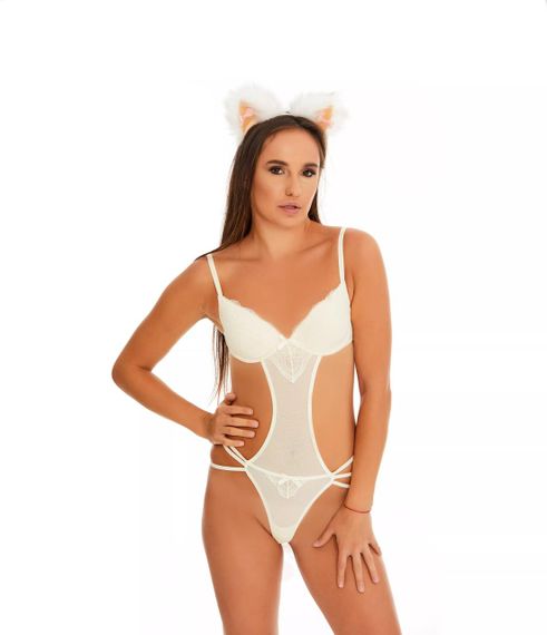 Хутряні вушка кішки з бантиком, Білі з персиковим OKOVA Sex Aura