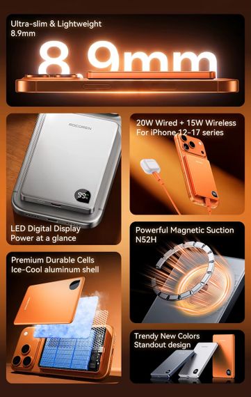 Бездротовий магнітний повербанк Rocoren Mini Magnetic Power Bank 5000mAh 20W Orange | Зображення 6