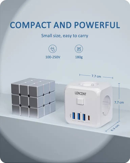 Мережевий Фільтр Трійник 7в1 LENCENT із швидкою зарядкою 3 розетки/3 USB/1TYPE-C | Зображення 3