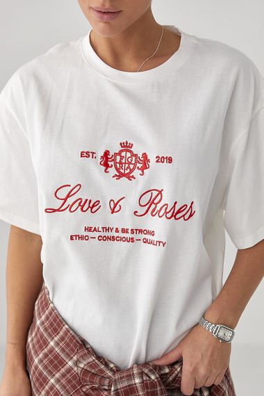 Футболка вільного фасону з вишитими написами - білий цвет, ONE SIZE (є розміри) | Зображення 3