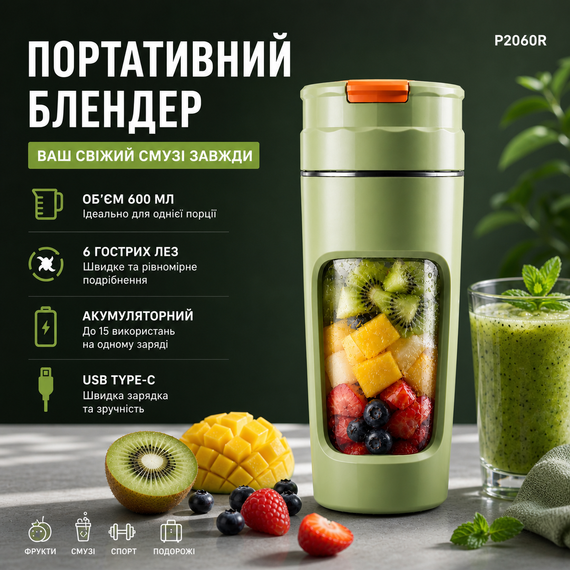 Портативний блендер P2060R на 600 мл, Tritan BPA-free, акумуляторний із 4 лезами, USB Type-C, зелений