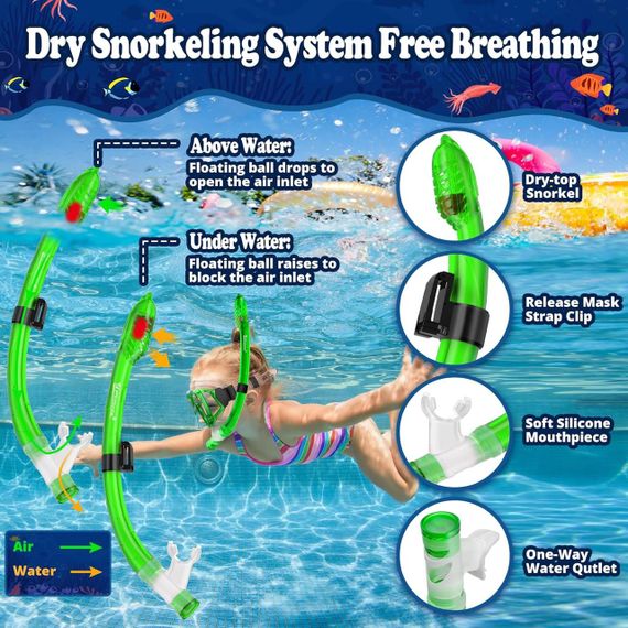 Дитячий набір для снорклінгу з трубкою, маска для підводного плавання, дайвінгу з захистом від запотівання, зелена | Зображення 4