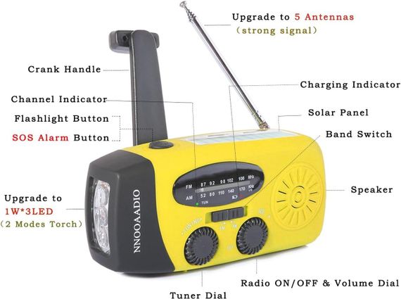 Радіо на сонячній батареї з ручним підзаряджанням та LED-ліхтариком, FM AM для кемпінгу, дому, аварійних ситуацій | Зображення 4