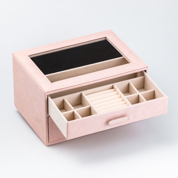 Скринька органайзер для прикрас прямокутна на два яруси з екошкіри 24.5 х 17.5 х 14 см Пудрова | Зображення 2