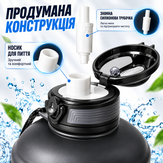 Эко-бутылка KANGZYUAN 2500 мл черная - спортивная бутылка для воды с Tritan без BPA, ударопрочная, с ручкой, ремешком и трубочкой | Зображення 2