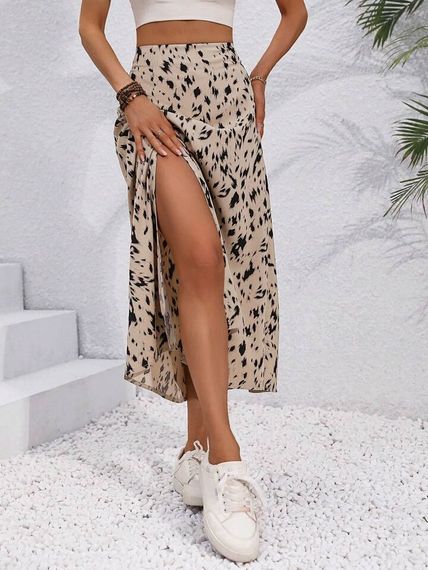 Женская летняя легкая юбка миди с разрезом с леопардовым принтом AG150/1 размер 50/52 цвет бежевый