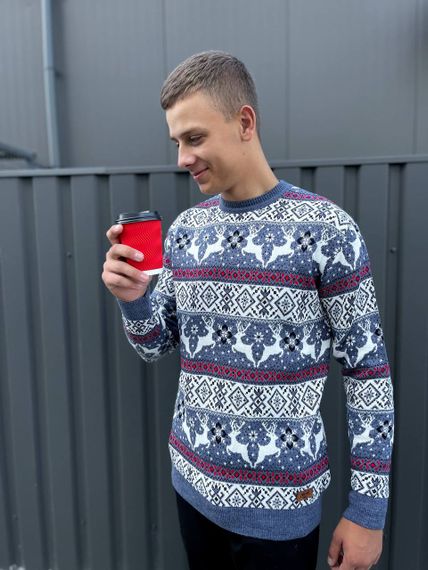 Мужской новогодний свитер с оленями низкий воротник PA2658 цвет голубой, размер L