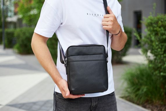 Чоловіча сумка-мессенджер на два відділення шкіряна чорна Tiding Bag 7459 | Зображення 5