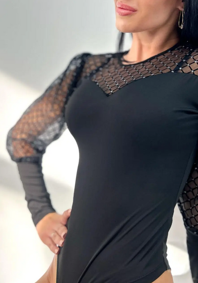 Женское боди нарядное из микродайвинга и сетки с пышными рукавами GF2402 цвет черный, размер 44 | Зображення 2