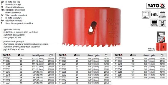 Пила кольцевая YATO кільцева бі-металева HSS M3 Ø=114 мм YT-3349