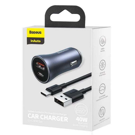АЗП Baseus Golden Contactor Pro Dual Quick Charger Car Charger U+C 40W（With Baseus Simple wiring USB For | Зображення 7