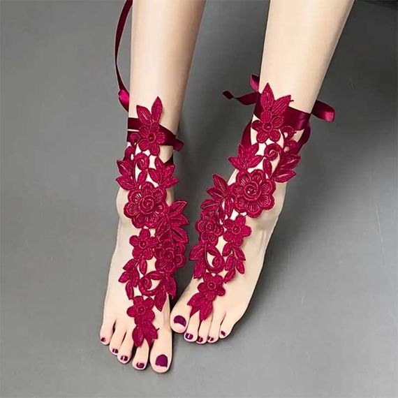 Кружевные цветочные гольфы с завязками XS/S/М/L (1,2,3,4) Бордовый – Эротическое бельё