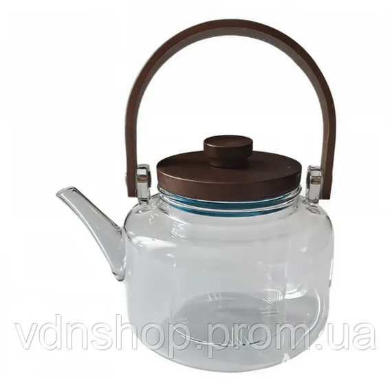 Заварник скляний для чаю 0.8 л Заварний чайник для заварювання з дерев'яною ручкою прозорий HP-34-38