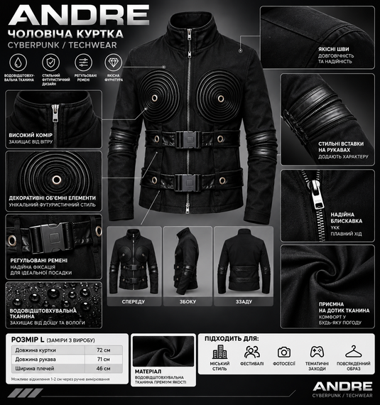 Мужская куртка ANDRE Cyberpunk Techwear черная водоотталкивающая, футуристическая куртка с ремнями, размер L | Зображення 5