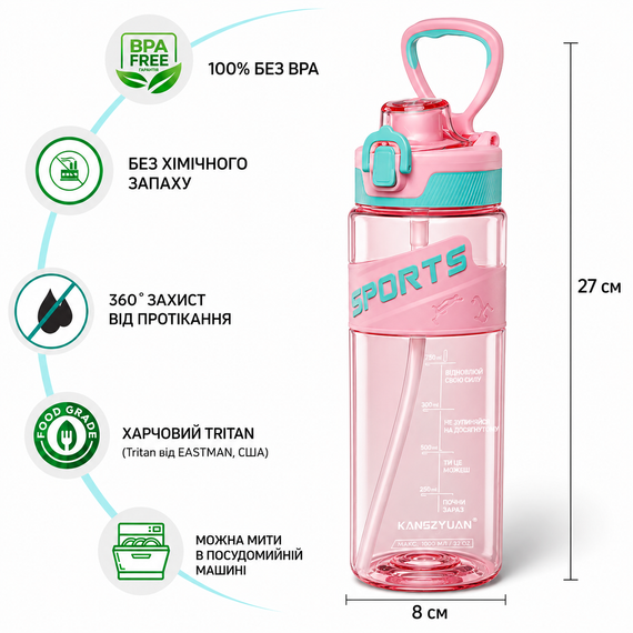 Эко-бутылка KANGZYUAN 500 мл - Розовая Tritan BPA-free, ударопрочная, спортивная с эргономичной крышкой | Зображення 1