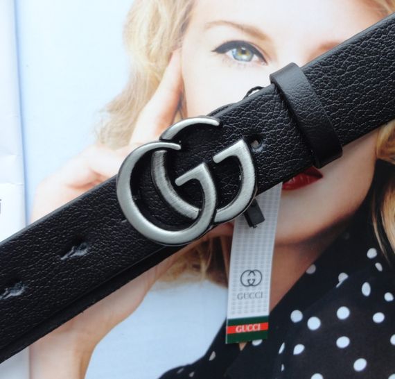 Женский черный кожаный ремень Gucci 3 см пряжка хром | Зображення 2