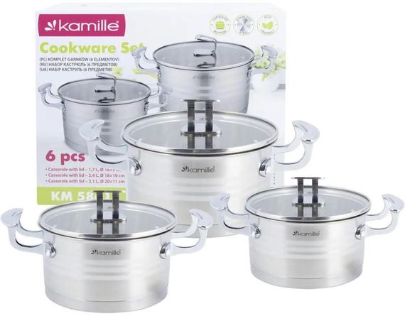 Набір 3 каструлі Kamille Casserote 1.7л, 2.4л, 3.1л з нержавіючої сталі зі скляними кришками | Зображення 7