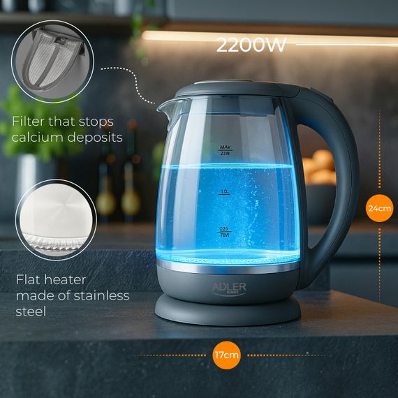 Електрочайник скляний Adler AD 1286, 2 л, 2200 Вт, з підсвіткою | Зображення 8