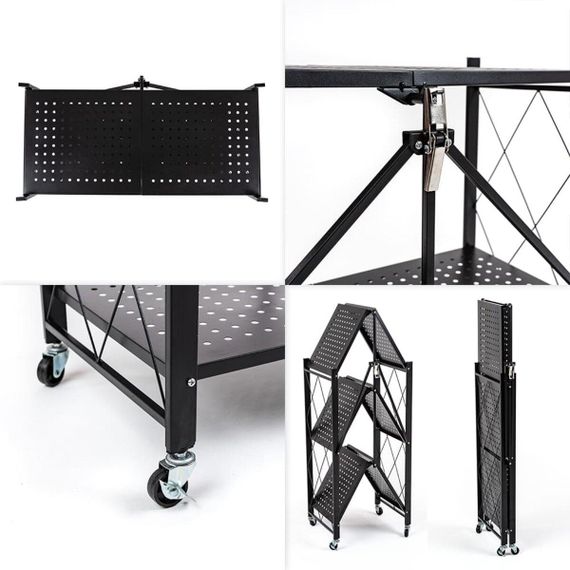 Стелаж мобільний триярусний універсальний розкладний з нержавіючої сталі 89х72х34см Чорний SW-00002097 | Зображення 4