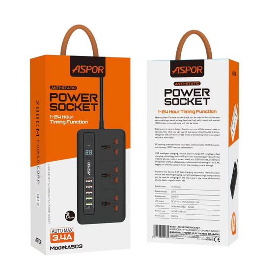 Мережевий фільтр-подовжувач Aspor A503 Auto Max (5USB/3.4A/2м) — чорний | Зображення 3