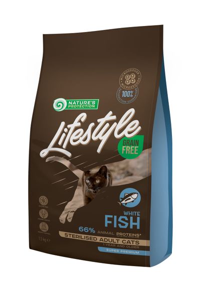 Корм Nature's Protection Lifestyle Grain Free White Fish Sterilised Adult Cat сухий з білою рибою для стерилізованих котів 1.5 кг
