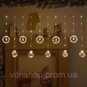 Гирлянда штора 3м с теплым желтым свечением "Круги и шары" елка, снеговик, дед мороз, олень, шапка SF-50
