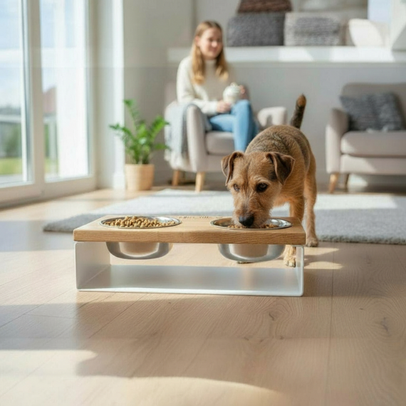 Миски на підставці з цільного металевого листа для собак та котів Hollky SteelWood S (2 × 0,45 л) SWS-36188-WHNT | Зображення 1