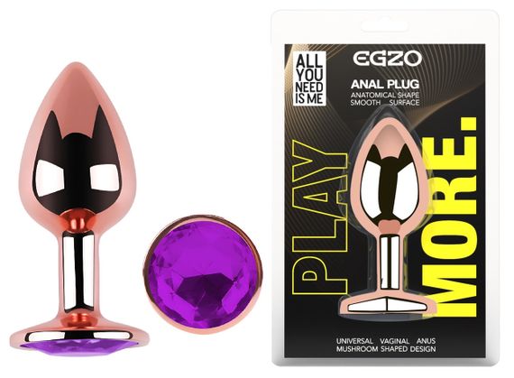 Анальная пробка с кристаллом EGZO - Rose Gold Round Plug Purple size M Sex Aura