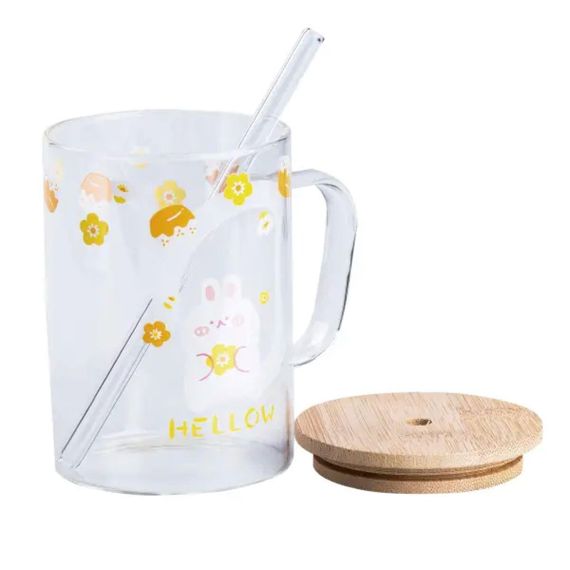 Чашка скляна з дерев'яною кришкою та трубочкою HP7214C | Зображення 1