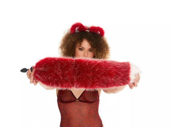 Анальний хутряний пухнастий хвіст без пробки, Темно-червоний з білим кінчиком, OKOVA 60 см. sexstyle | Зображення 3