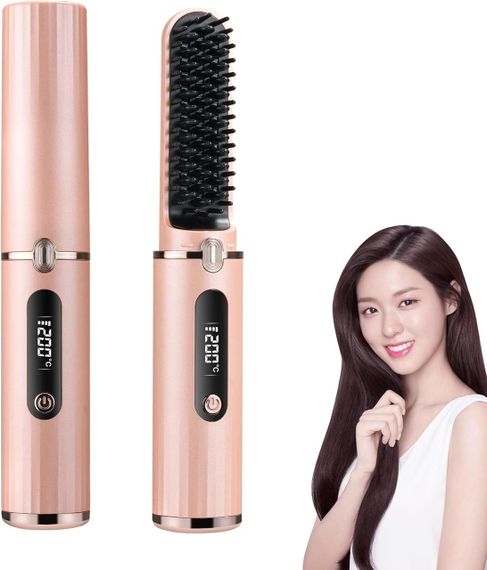 Рожева бездротова щітка-випрямляч для волосся з іонізацією, портативна, акумуляторна, гребінець для подорожей