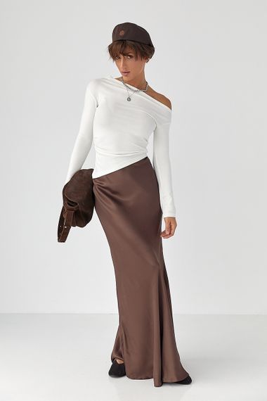 Асиметричний лонгслів з відкритим плечем - молочний цвет, L (є розміри) | Зображення 2