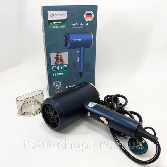 Фен Rainberg RB-2212 8800 W с регуляцией температуры и скорости для сушки и укладки волос. Цвет: синий | Зображення 2