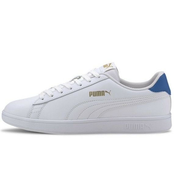 Кроссовки-кеды мужские Puma Smash V2 L 365215 18 (белые с синим, кожаные, повседневные, закрытые, бренд пума)