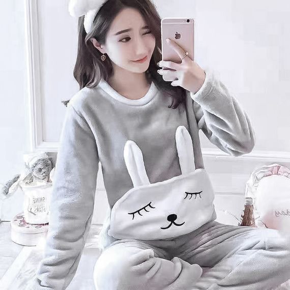 Женская пижама Lesko Bunny Gray L флисовая теплая костюм для дома | Зображення 1