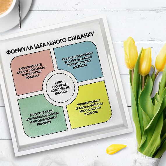 Поднос деревянный с принтом Формула ідеального сніданку 33х33х4 см (PDN_19M021_WH)