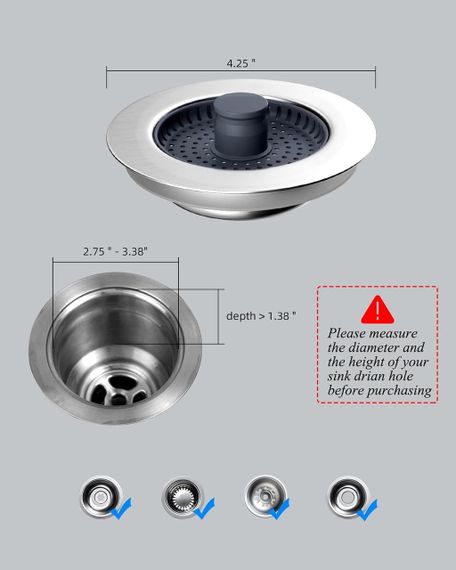Зливна пробка-фільтр для кухонної мийки 2 шт, заглушка для раковини 70-86 мм, для утримування води, запаху, фільтрації відходів | Зображення 5