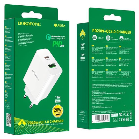 СЗУ BOROFONE BA56A, PD20W+Q3.0, 1xUSB-A+1xUSB-C, 20W, White, Box | Зображення 5